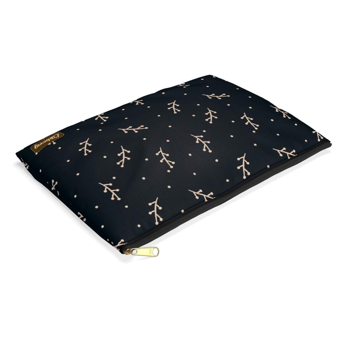 Flat Zipper Pouch - Cream Berry Branches on Navy Background