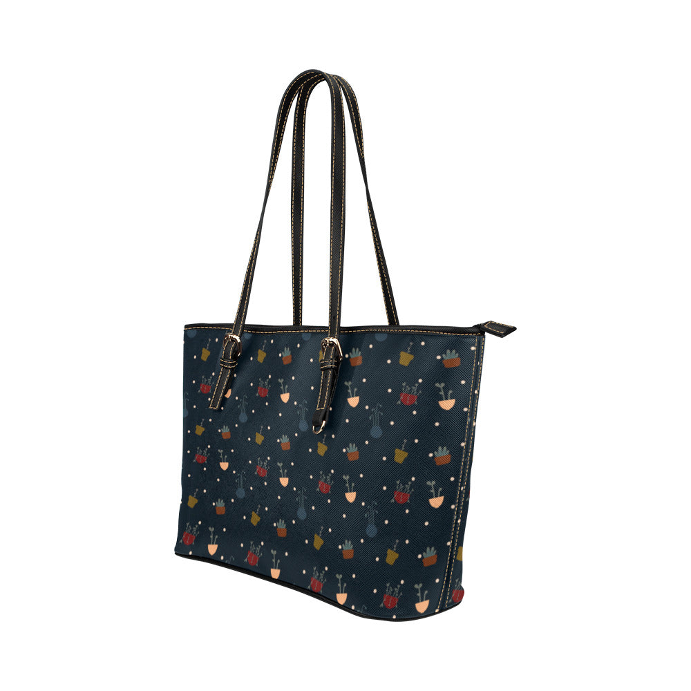 Potted Plants - Navy Vegan Leather Zipper Tote Handbag (Small)