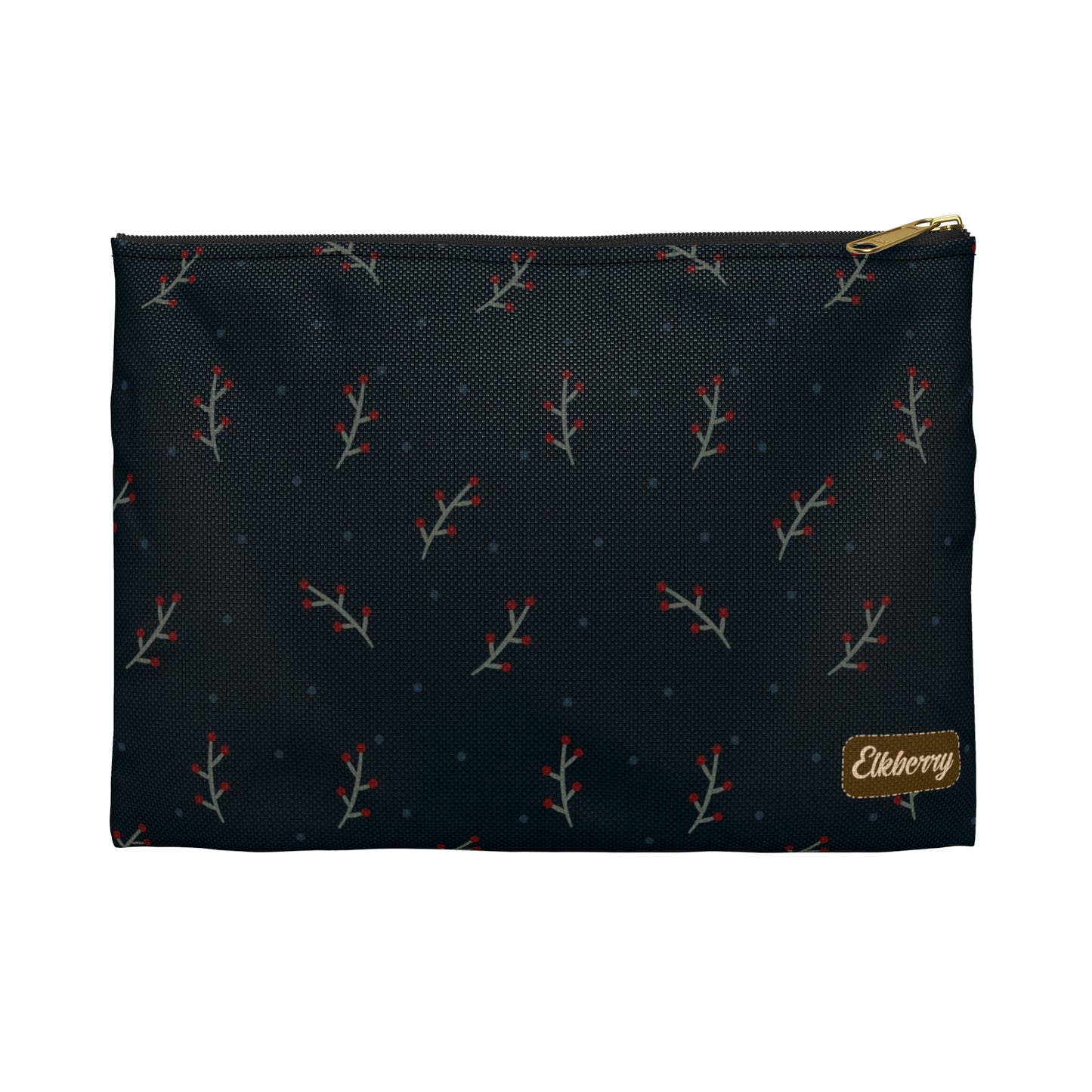Flat Zipper Pouch - Berry Branches on Navy Background