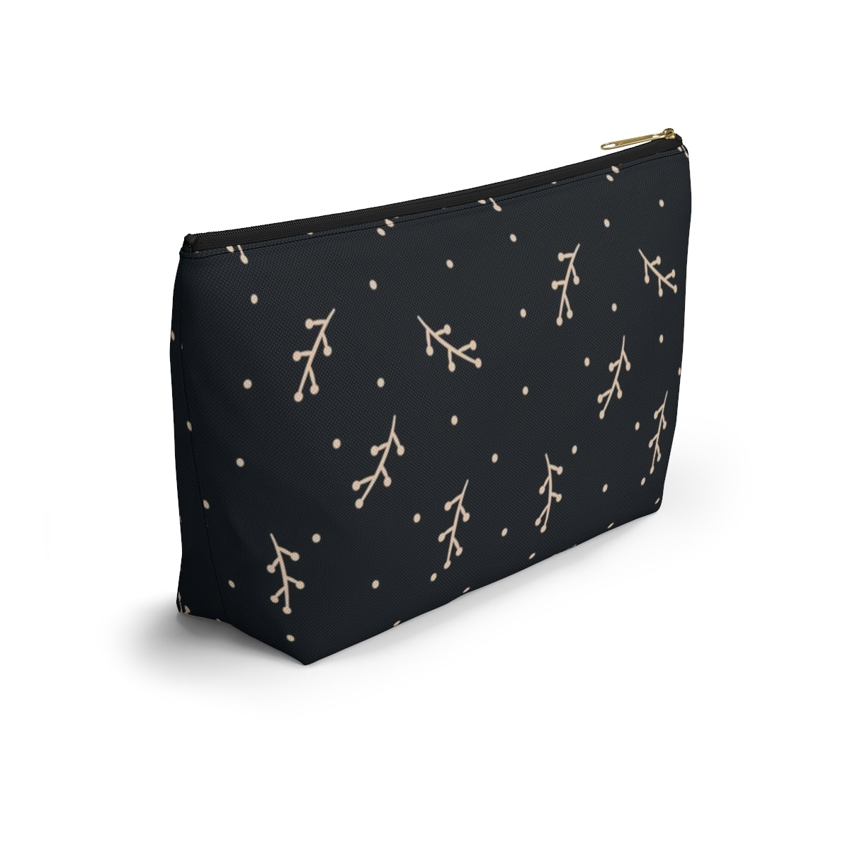 Big Bottom Zipper Pouch - Cream Berry Branches on Navy Background