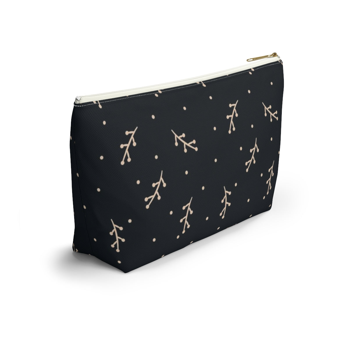 Big Bottom Zipper Pouch - Cream Berry Branches on Navy Background